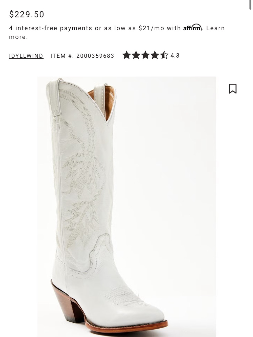 Idyllwind White Leather Western Calf High Boot with Embroidered Shaft